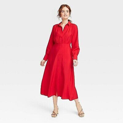 Women's Long Sleeve Collared Midi Crepe Shirtdress - A New Day Red XS