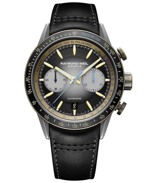 Men's Swiss Automatic Chronograph Freelancer Black Leather Strap Watch 43.5mm