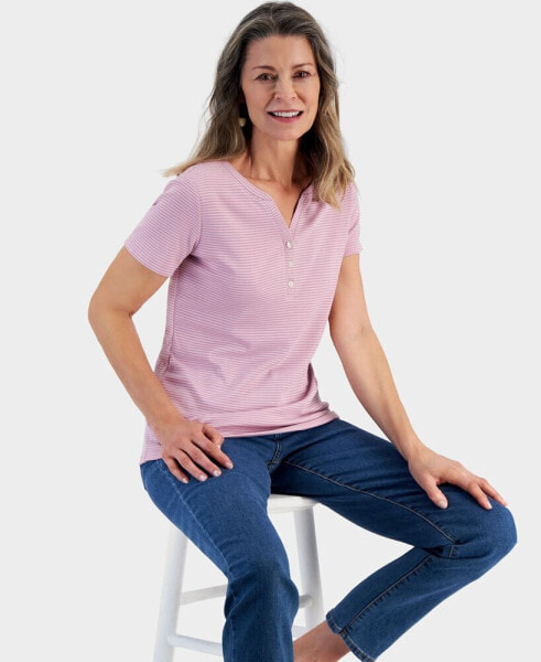 Petite Pinstripe Henley T-Shirt, Created for Macy's