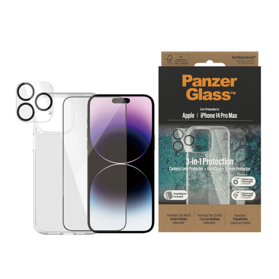 PanzerGlass ® 3-in-1 Pack Apple iPhone 14 Pro Max, Apple, Apple - iPhone 14 Pro Max, Dry application, Scratch resistant, Shock resistant, Anti-bacterial, Transparent, 1 pc(s)