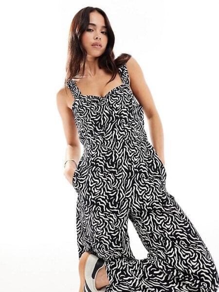 Nobody's Child Gill wide leg jumpsuit in black and white squiggle print