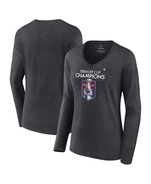 Women's Heathered Charcoal Colorado Avalanche 2022 Stanley Cup Champions Locker Room V-Neck Long Sleeve T-shirt