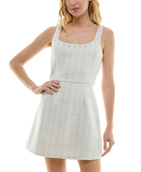 Juniors' Tweed and Imitation Pearl Accented Dress