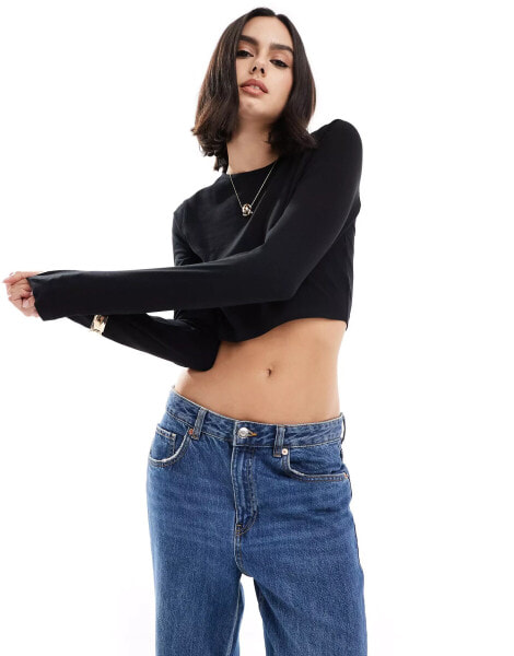 Threadbare long sleeve baby crop tee in black