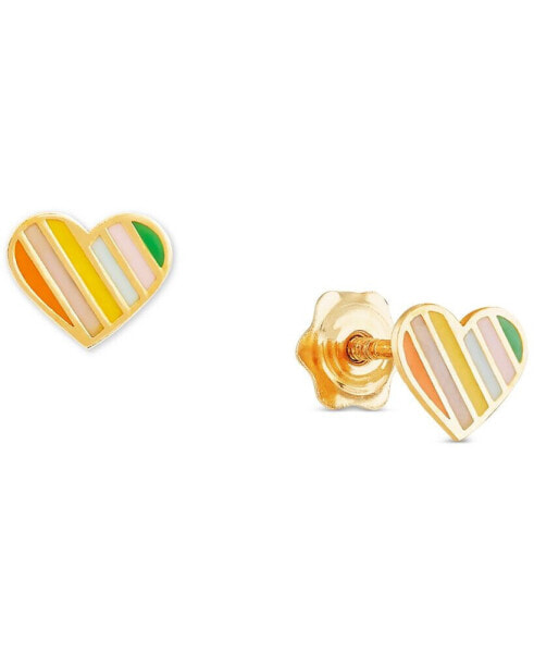 Children's Striped Enamel Heart Stud Earrings in 14k Gold