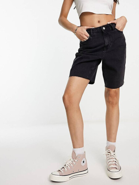 New Look longline denim shorts in black