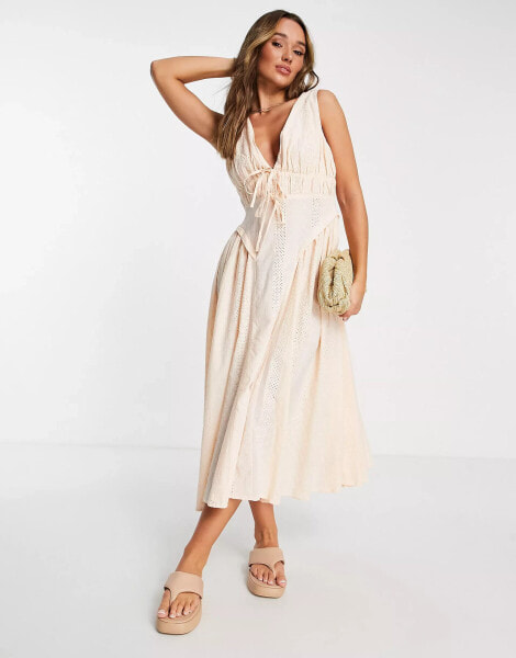 ASOS DESIGN broderie midi dress with gathered side seams in apricot