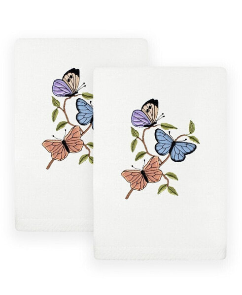 Textiles Spring Butterflies Embroidered Luxury 100% Turkish Cotton Hand Towels, Set of 2, 30" x 16"