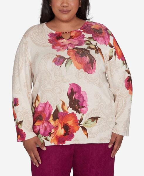 Plus Size Wine Country Women's Watercolor Floral Beaded Split Neck Sweater