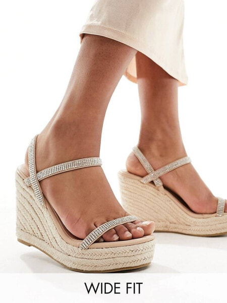Glamorous Wide Fit espadrille wedge heeled sandals in silver diamante