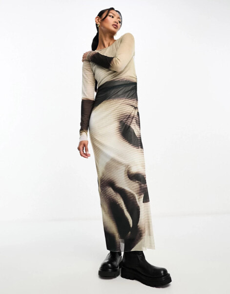 Stradivarius mesh maxi dress in digital print