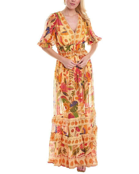 Farm Rio Tapestry Tiered Hem Maxi Dress Women's Yellow Xxs