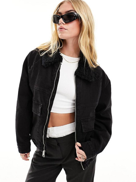 Hollister denim bomber jacket with faux fur collar in black