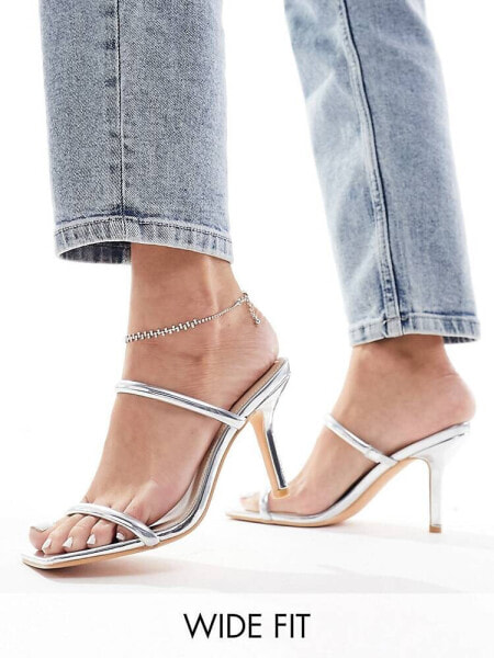Glamorous Wide Fit two strap mule heeled sandals in silver