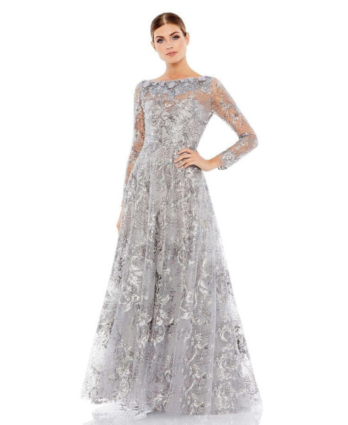 Women's Floral Embroidered Illusion Long Sleeve Gown