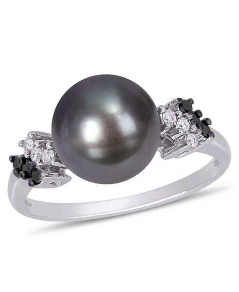 Tahitian Cultured Pearl (9-9.5mm) and Black White Diamond (1/8 ct. t.w.) Ring in 10k White Gold