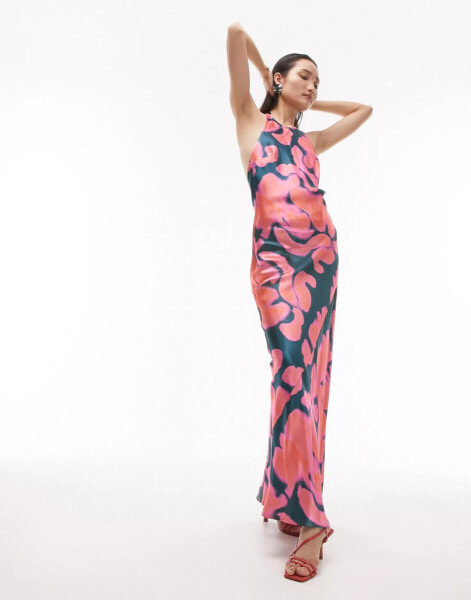 Topshop halter neck maxi dress in pink inky print