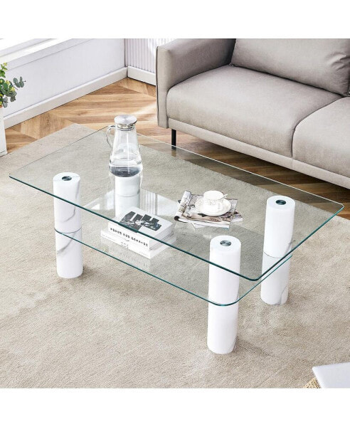 Double layered glass coffee table with white decorative columns and CT-X02 functionality