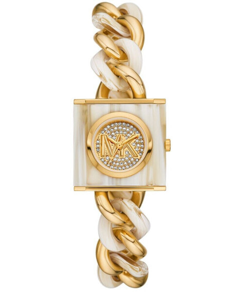 Women's MK Chain Lock Three-Hand Alabaster and Gold-Tone Stainless Steel Watch 25mm