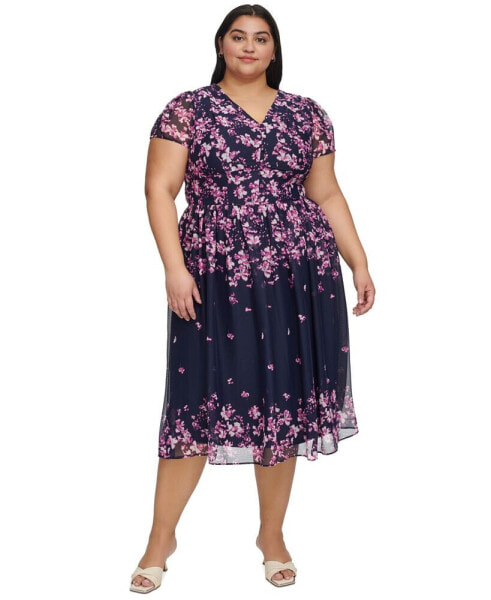 Plus Size Floral Print Cap Sleeve Midi Dress