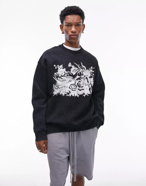 Topman oversized sweatshirt with pheasant print in washed black