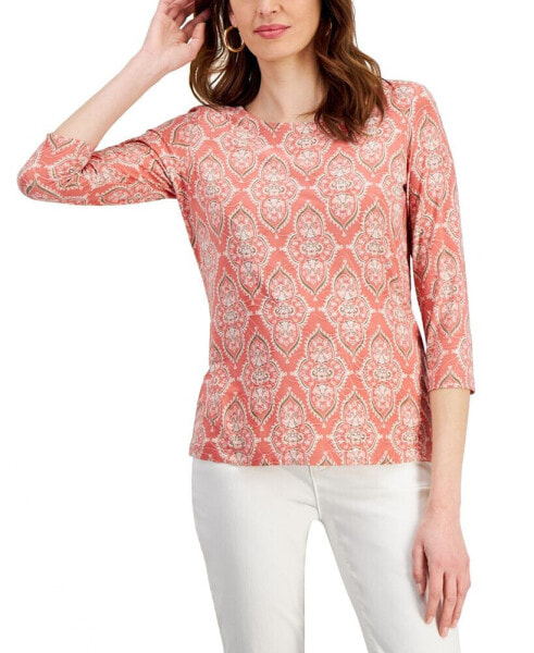 Women's Scoop Neck 3/4 Sleeve Printed Jacquard Top, Created for Macy's