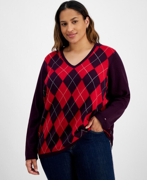 Plus Size Argyle V-Neck Sweater