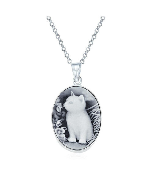 Bling Jewelry antique Style Simulated Black Onyx Sitting Kitten Kitty Cat Cameo Pendant Necklace For Women Teen .925 Sterling Silver