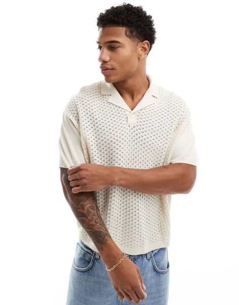 ASOS DESIGN oversized boxy knitted polo shirt with 3D texture in ecru