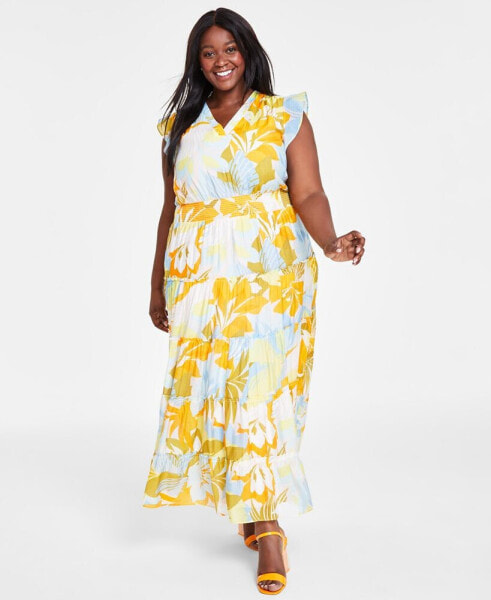 Plus Size Printed Flutter-Sleeve Tiered Maxi Dress