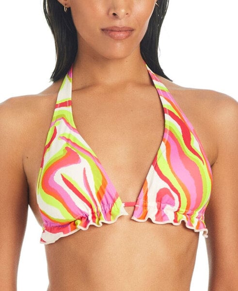 Women's Neon Swirl Tie-Front Ruffled Halter Swim Top