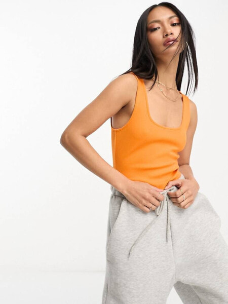 ASOS DESIGN scoop neck ribbed bodysuit in bright orange