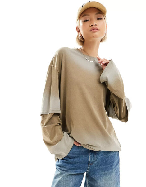 Weekday super oversized layered long sleeve top in washed beige