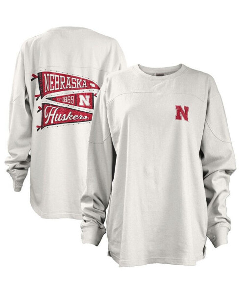Women's White Nebraska Huskers Pennant Stack Oversized Long Sleeve T-shirt