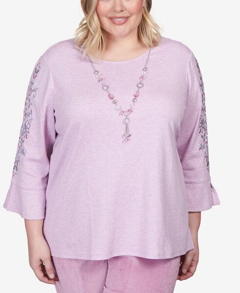 Plus Size Swiss Chalet Embroidered Flutter Sleeve Top with Necklace
