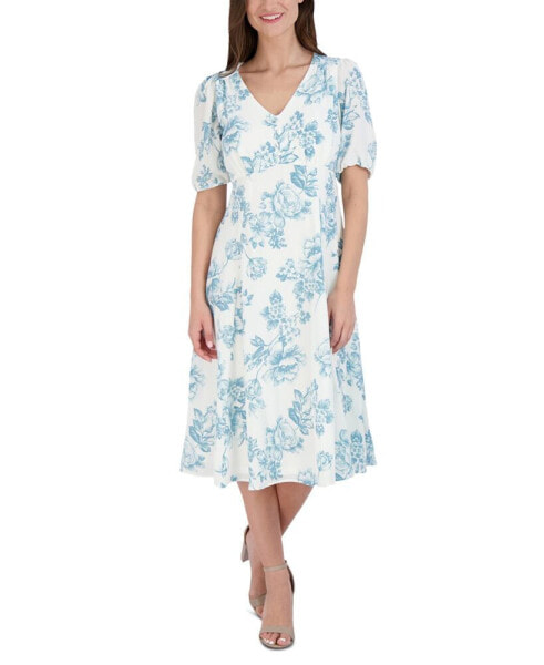 Women's Floral-Print Puff-Sleeve Midi Dress