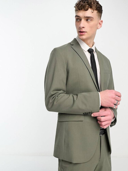 New Look single breasted slim suit jacket in dark khaki