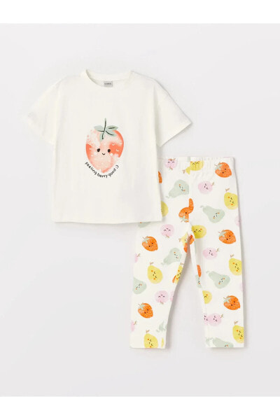 LCW Kids Bisiklet Yaka Baskılı Kısa Kollu Kız Çocuk Pijama Takımı