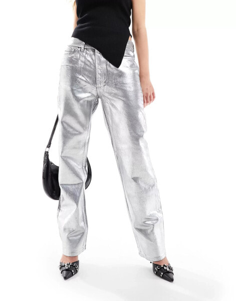 Mango metallic straight leg jeans in silver