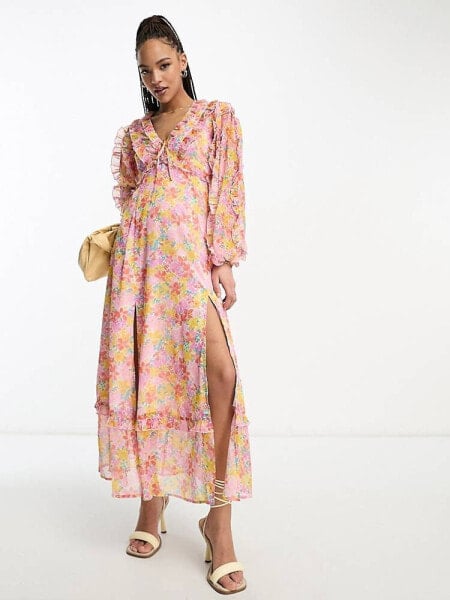Вечернее платье Miss Selfridge – Макси платье из шифона с оборками и ярким цветочным узором