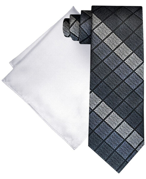 Men's Extra Long Ornate Block Tie & Solid Pocket Square Set