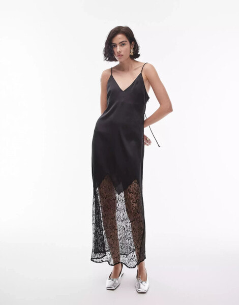 Topshop lace insert midi slip dress in black