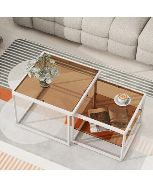 Adjustable 2-Tier Coffee Table Set with Glass Top & Metal Frame