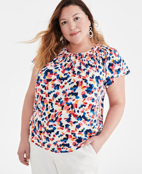 Plus Size Printed Gathered Scoop-Neck Flutter-Sleeve Top, Created for Macy's