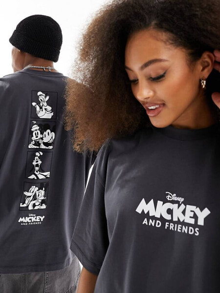 ASOS DESIGN Disney oversized unisex tee in charcoal with Mickey Mouse and friends spine print