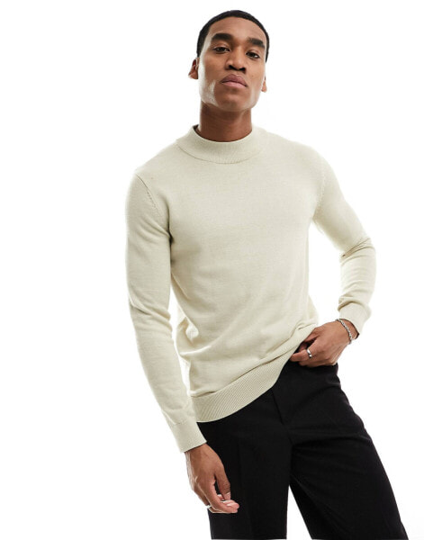 Selected Homme mock neck knit jumper in beige