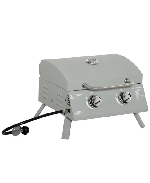 2 Burner Propane Gas Grill Outdoor Portable Tabletop BBQ with Foldable Legs, Lid, Thermometer for Camping, Picnic, Backyard, Light Grey