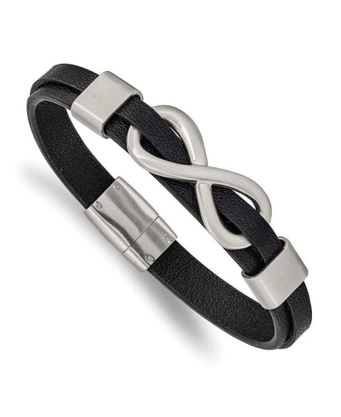 Stainless Steel Brushed Infinity Symbol Black Leather Bracelet