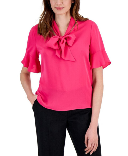 Women's Tie-Neck Elbow-Sleeve Blouse