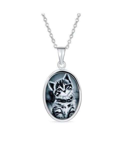 Bling Jewelry simulated Black Onyx Sitting Two Tone Kitten Kitty Cat Portrait Cameo Pendant Necklace For Women Teen .925 Sterling Silver